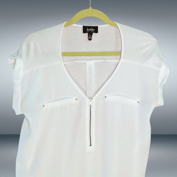 EggShell Rolled Short Sleeve Zip V-Neck Blouse - Opaque Silky Front, Knit Back - Picture 4 of 6